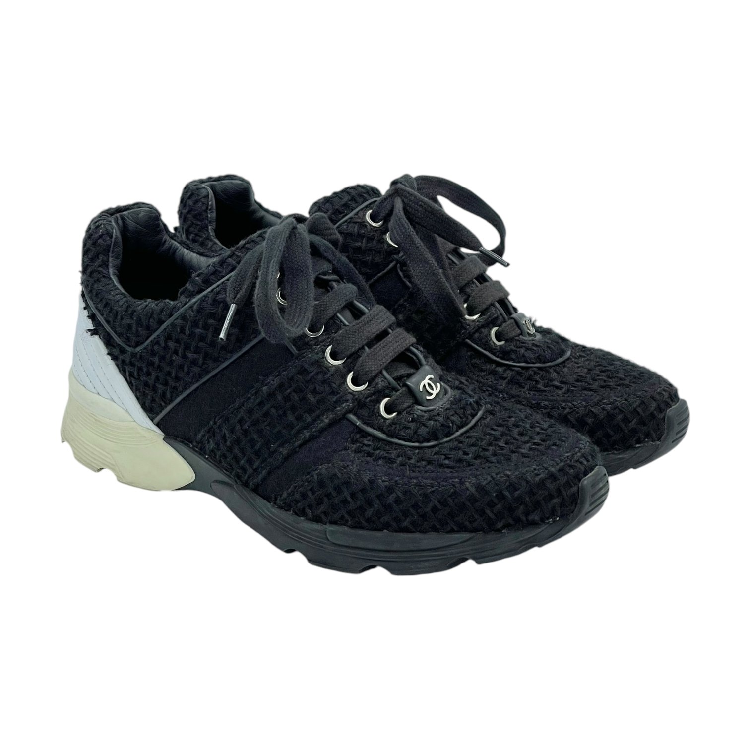 Chanel Black White Tweed Sneakers 37.5