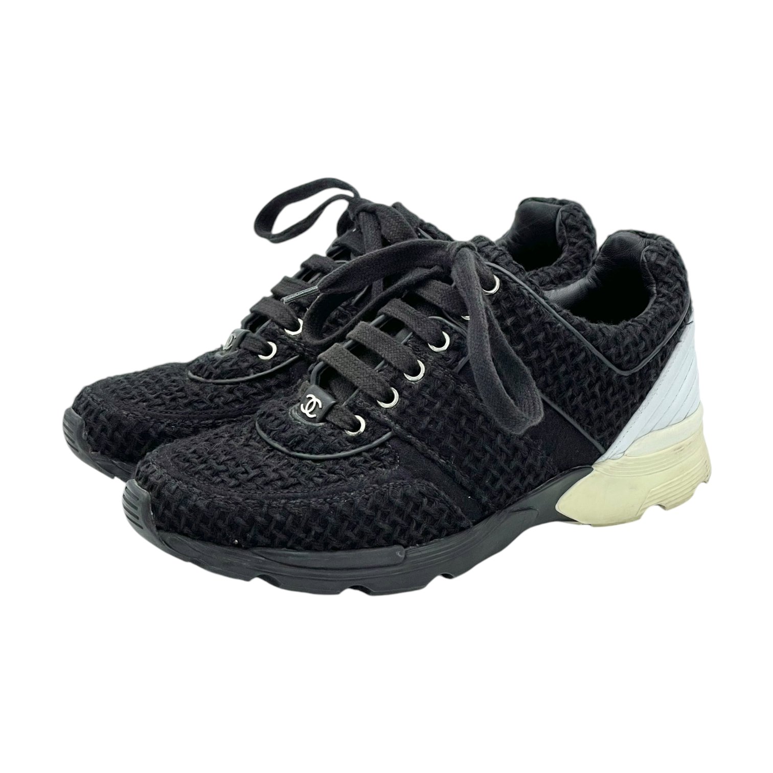 Chanel Black White Tweed Sneakers 37.5
