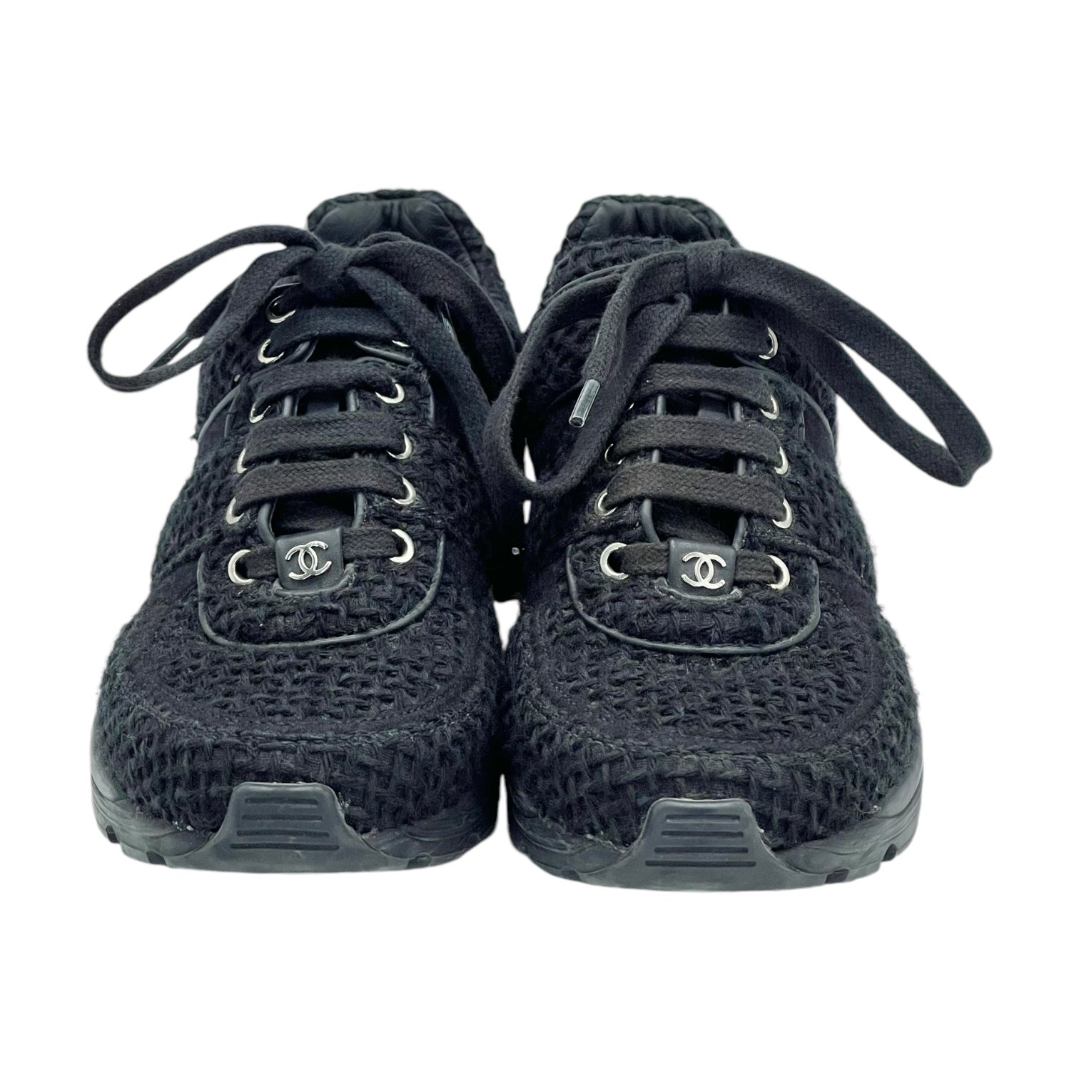 Chanel Black White Tweed Sneakers 37.5