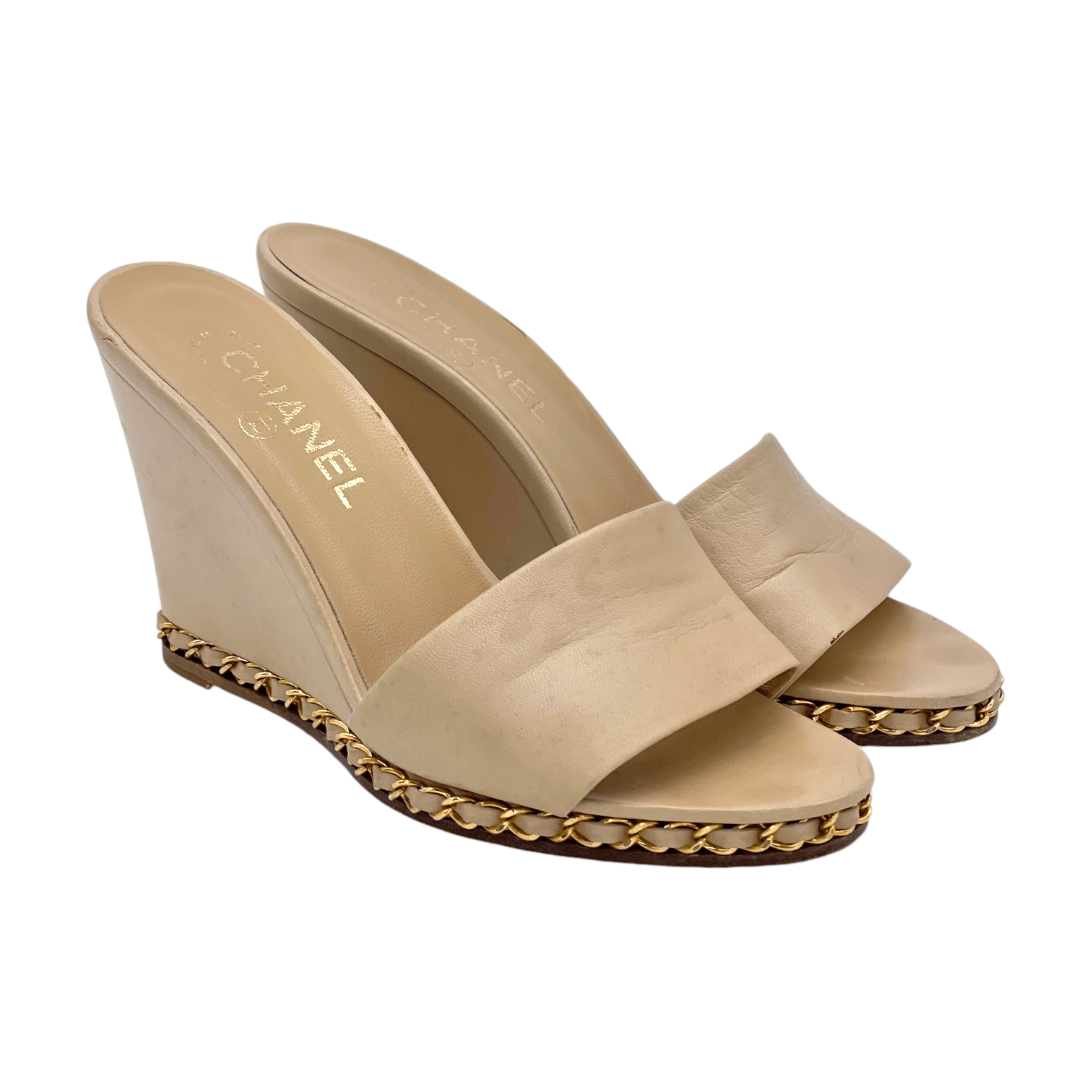 Chanel CC Chain Trim Cream Wedges 38