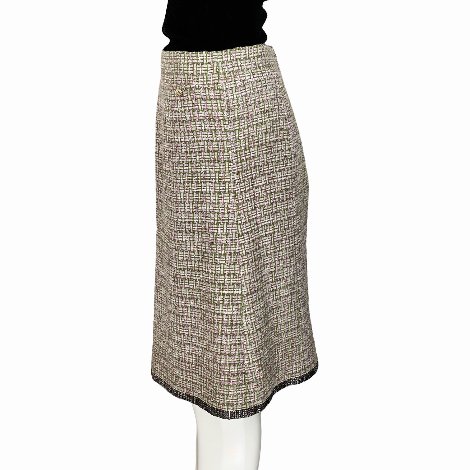 Chanel Green Pink Tweed Skirt 38