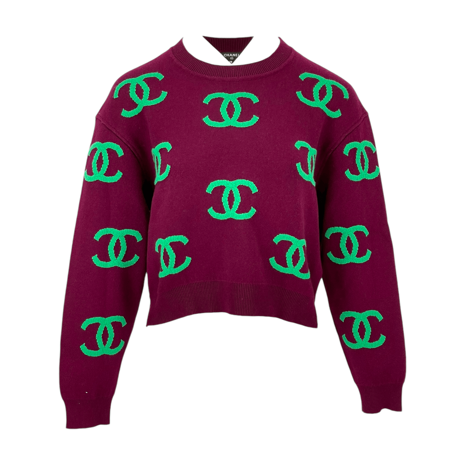 Chanel Maroon Green CC Logo Print Cashmere 2021 Pullover 38