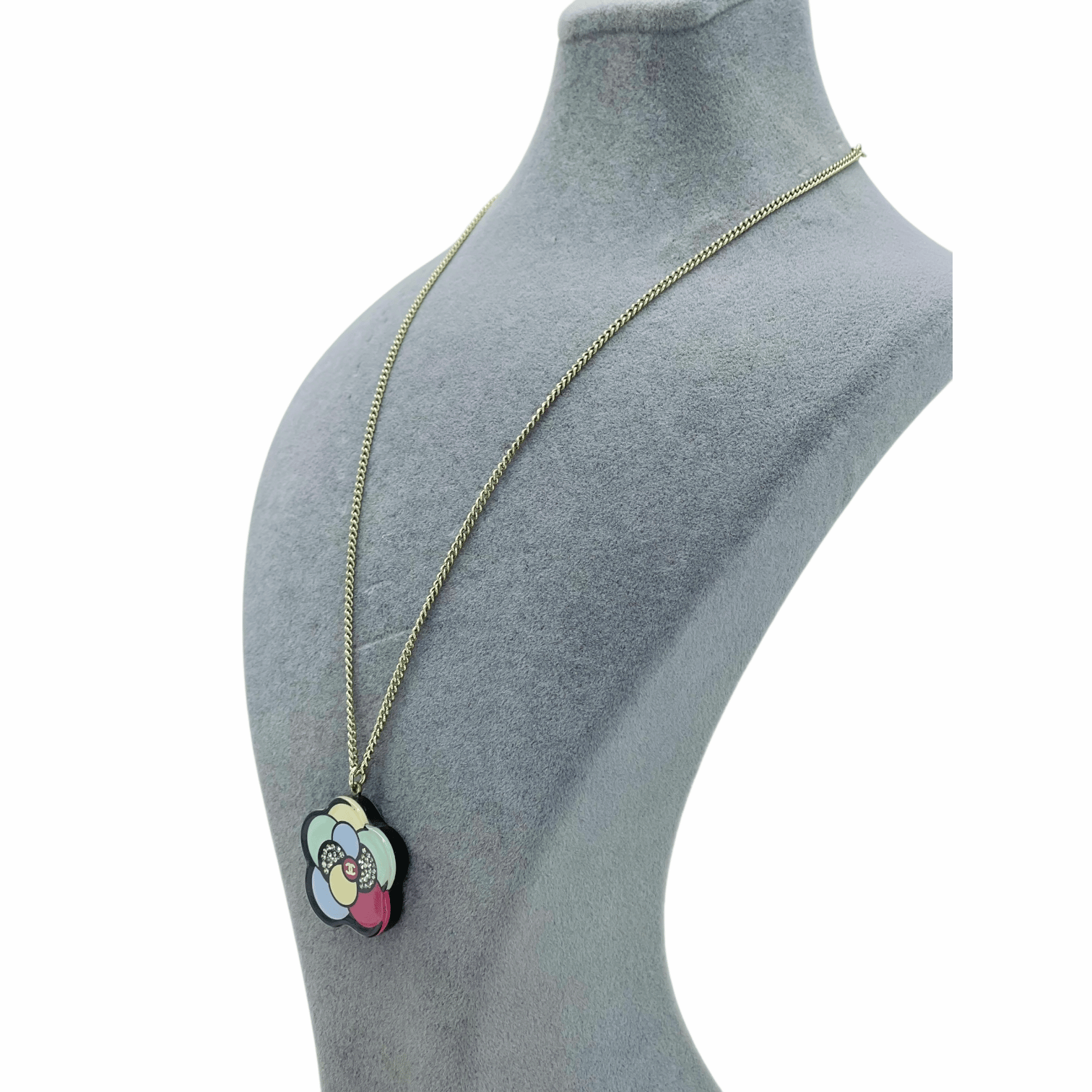 Chanel Multicolor Crystal Camellia CC Logo Necklace