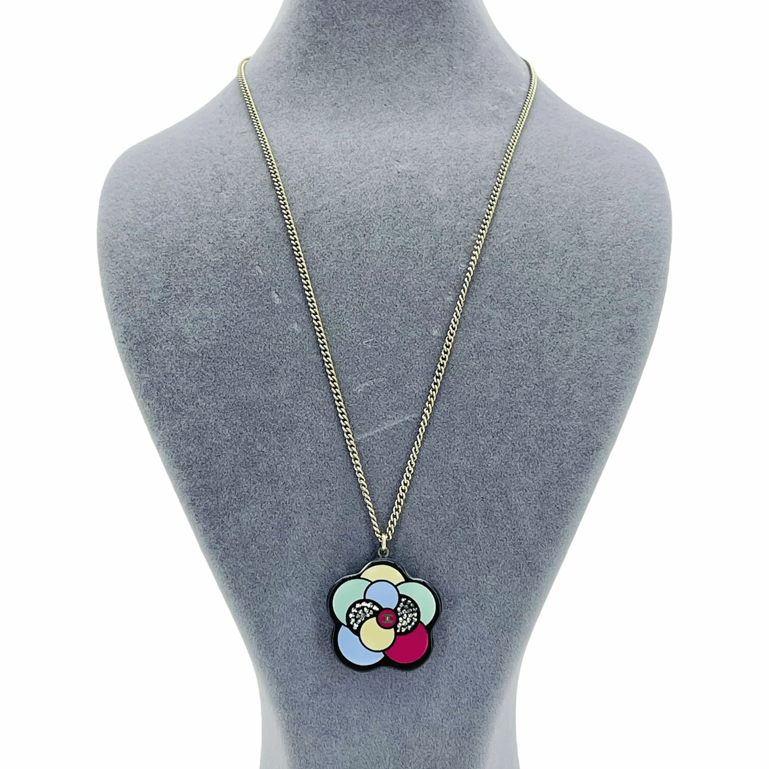 Chanel Multicolor Crystal Camellia CC Logo Necklace