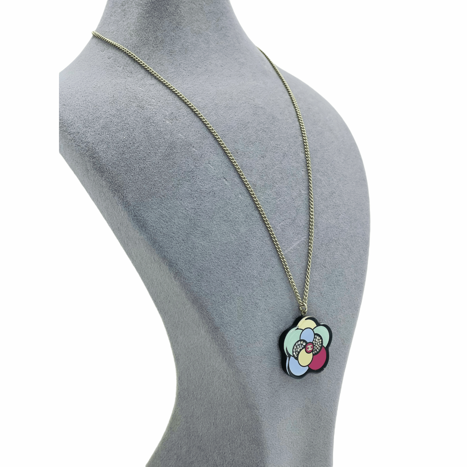Chanel Multicolor Crystal Camellia CC Logo Necklace