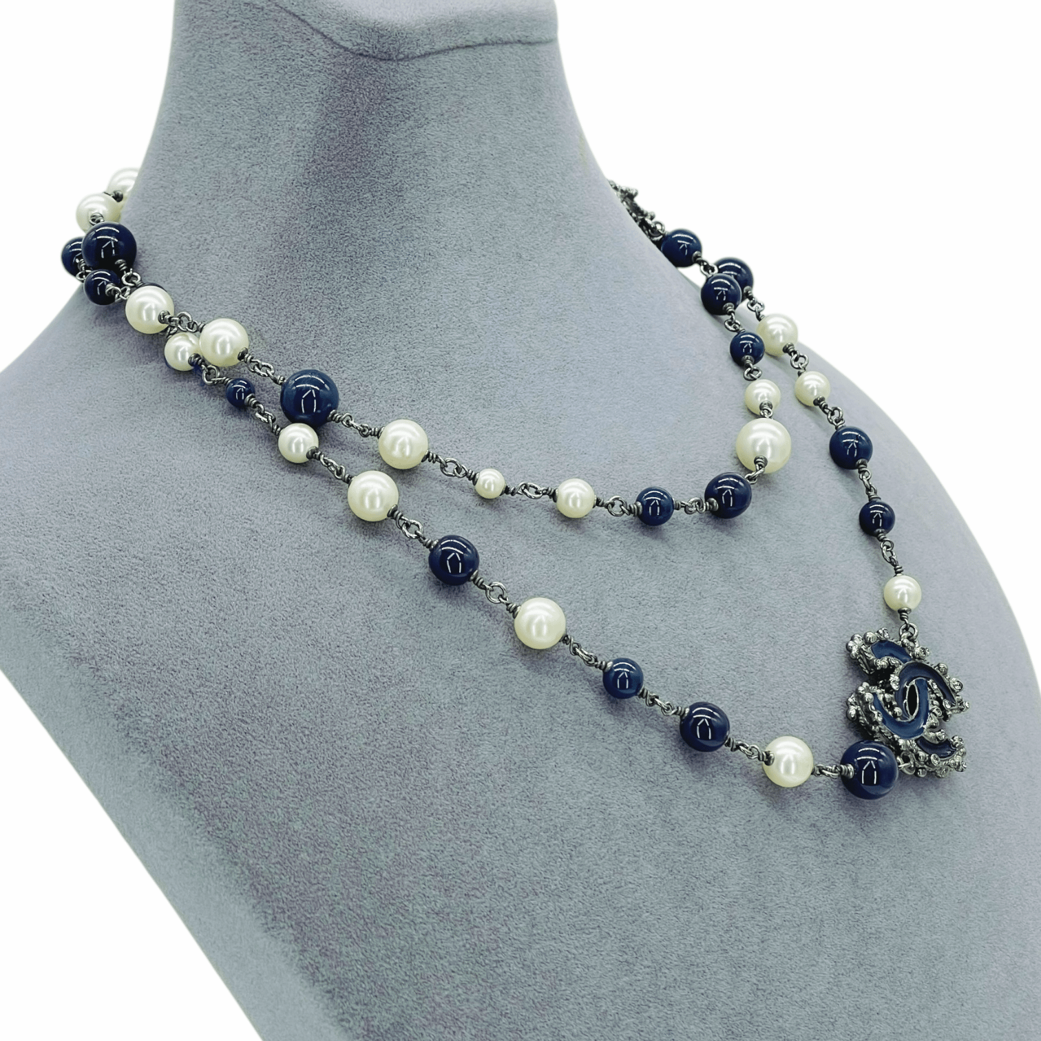 Chanel Navy Blue CC Pearl Necklace