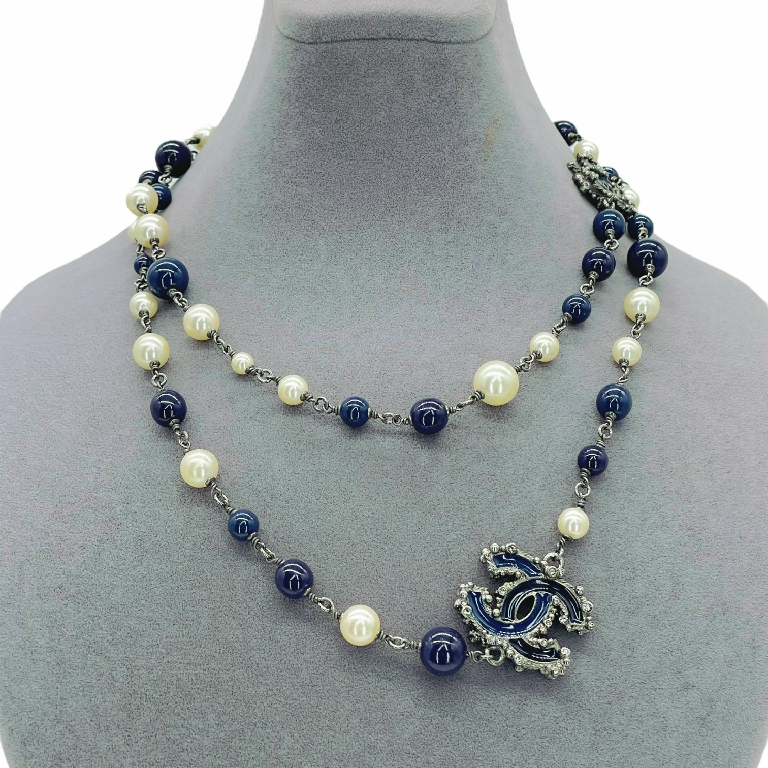 Chanel Navy Blue CC Pearl Necklace
