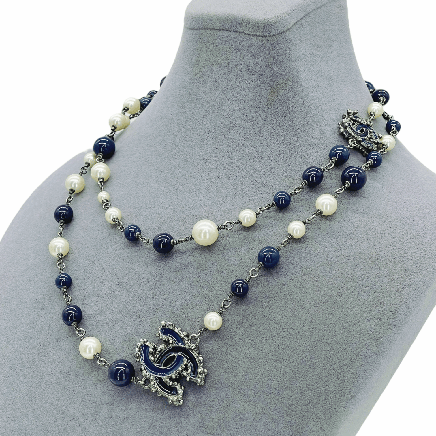 Chanel Navy Blue CC Pearl Necklace