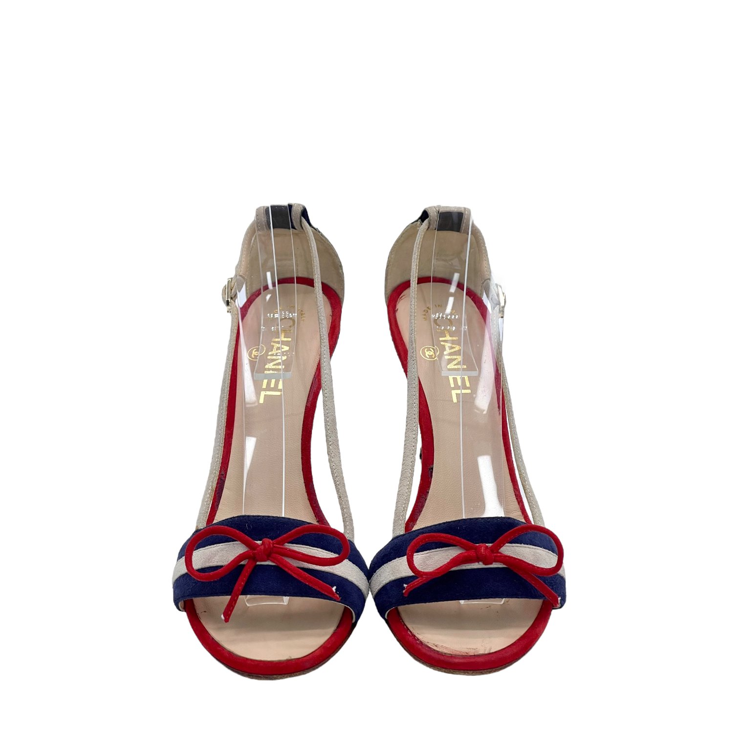 Chanel Tricolor Suede CC Bow Cork Heel Ankle Strap Sandals 38