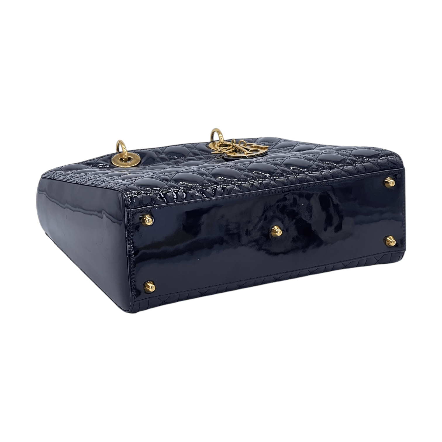Christian Dior Black Patent Cannage Calfskin Gold Large Lady Dior Bag