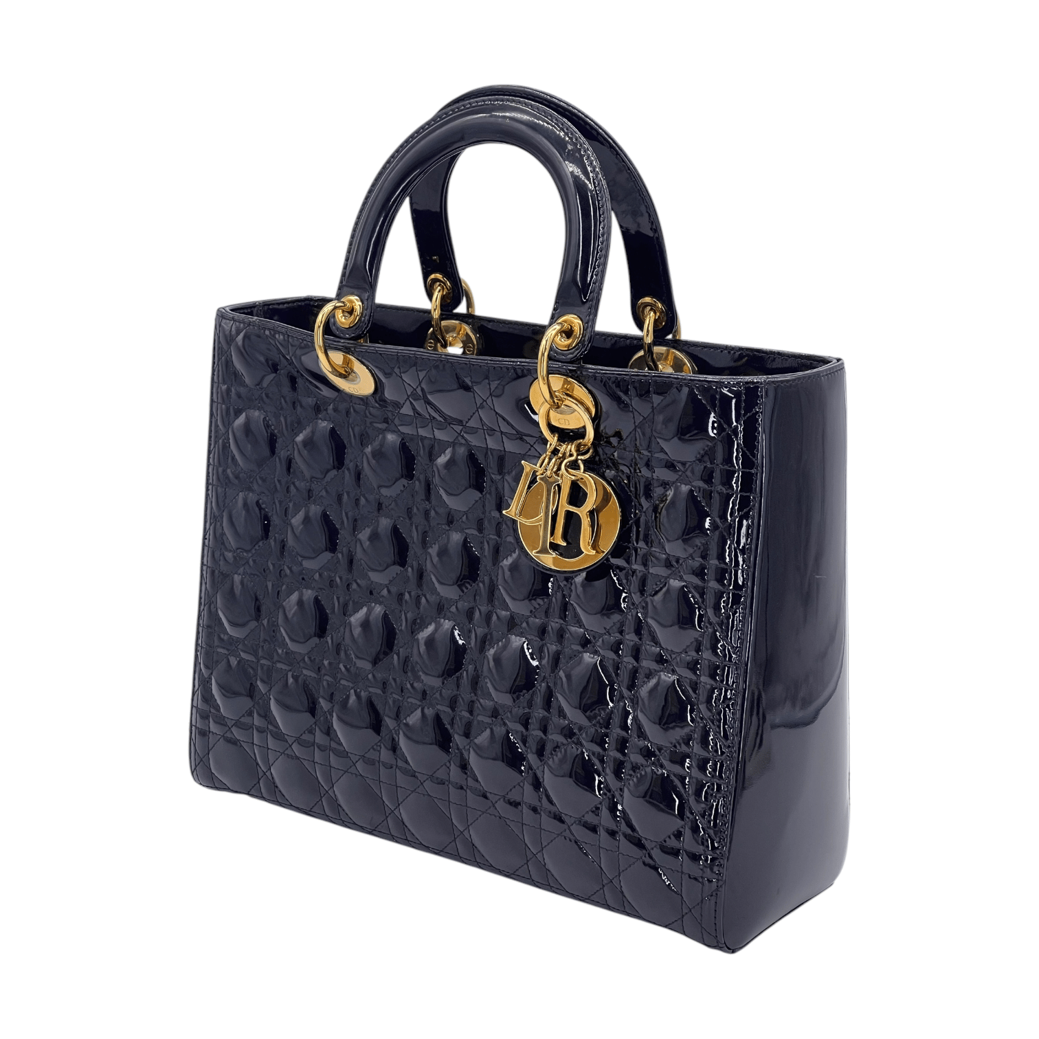 Christian Dior Black Patent Cannage Calfskin Gold Large Lady Dior Bag