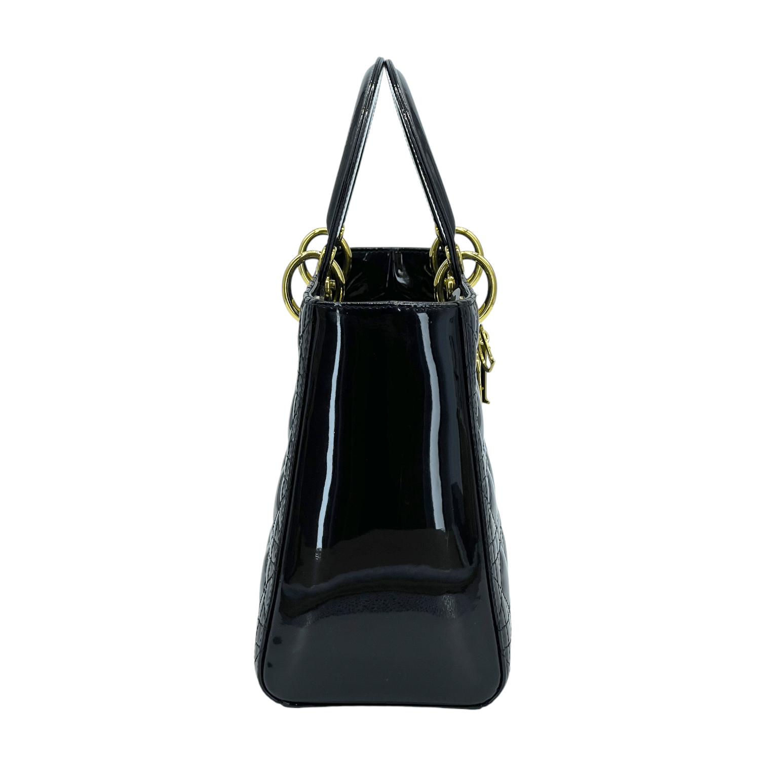 Christian Dior Black Patent Cannage Leather Gold Medium Lady Dior