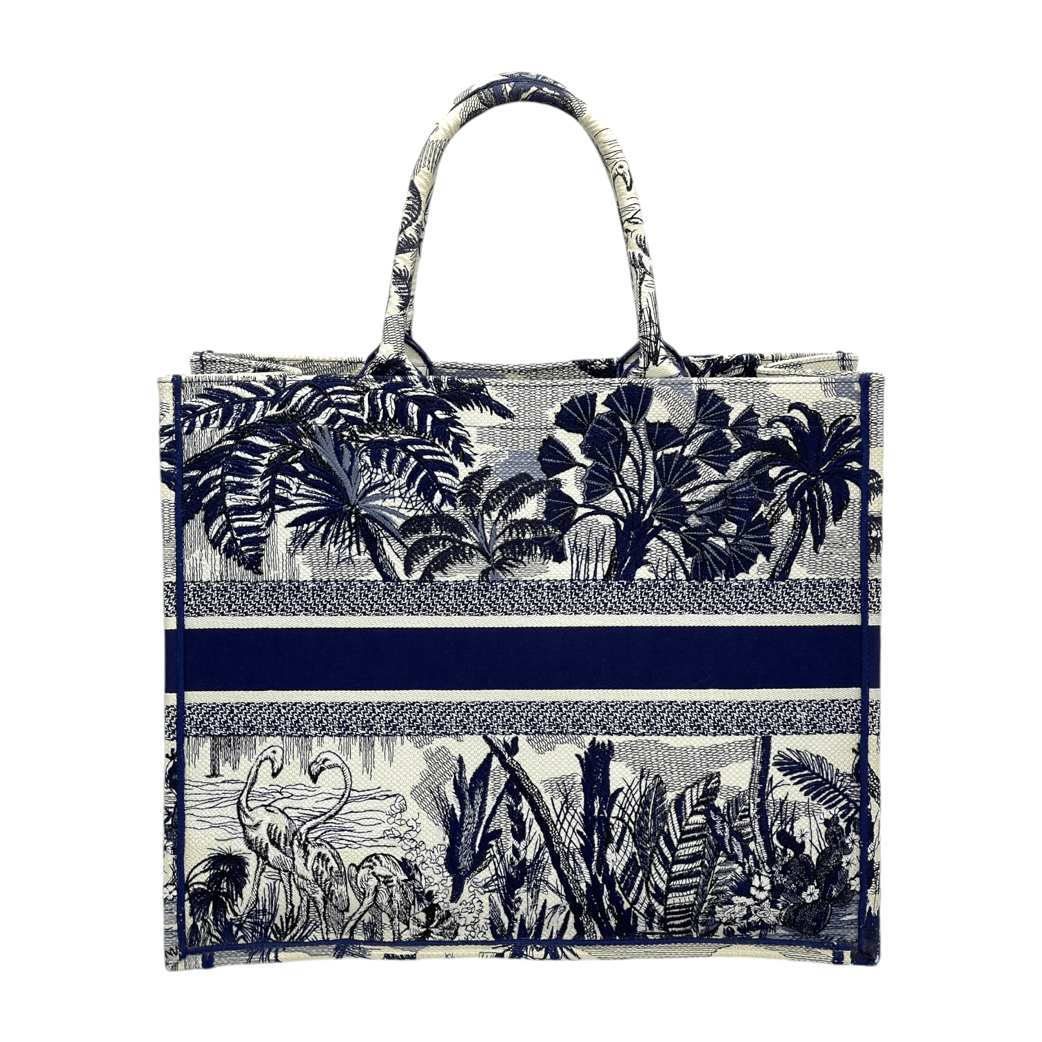 Christian Dior Navy Blue Canvas Embroidered Palm Tree Large Book Tote Bag