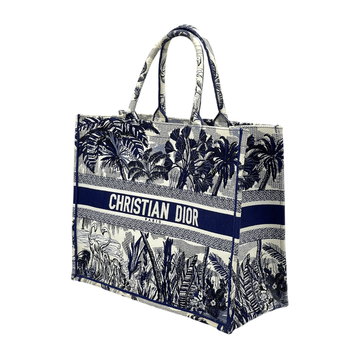 Christian Dior Navy Blue Canvas Embroidered Palm Tree Large Book Tote Bag