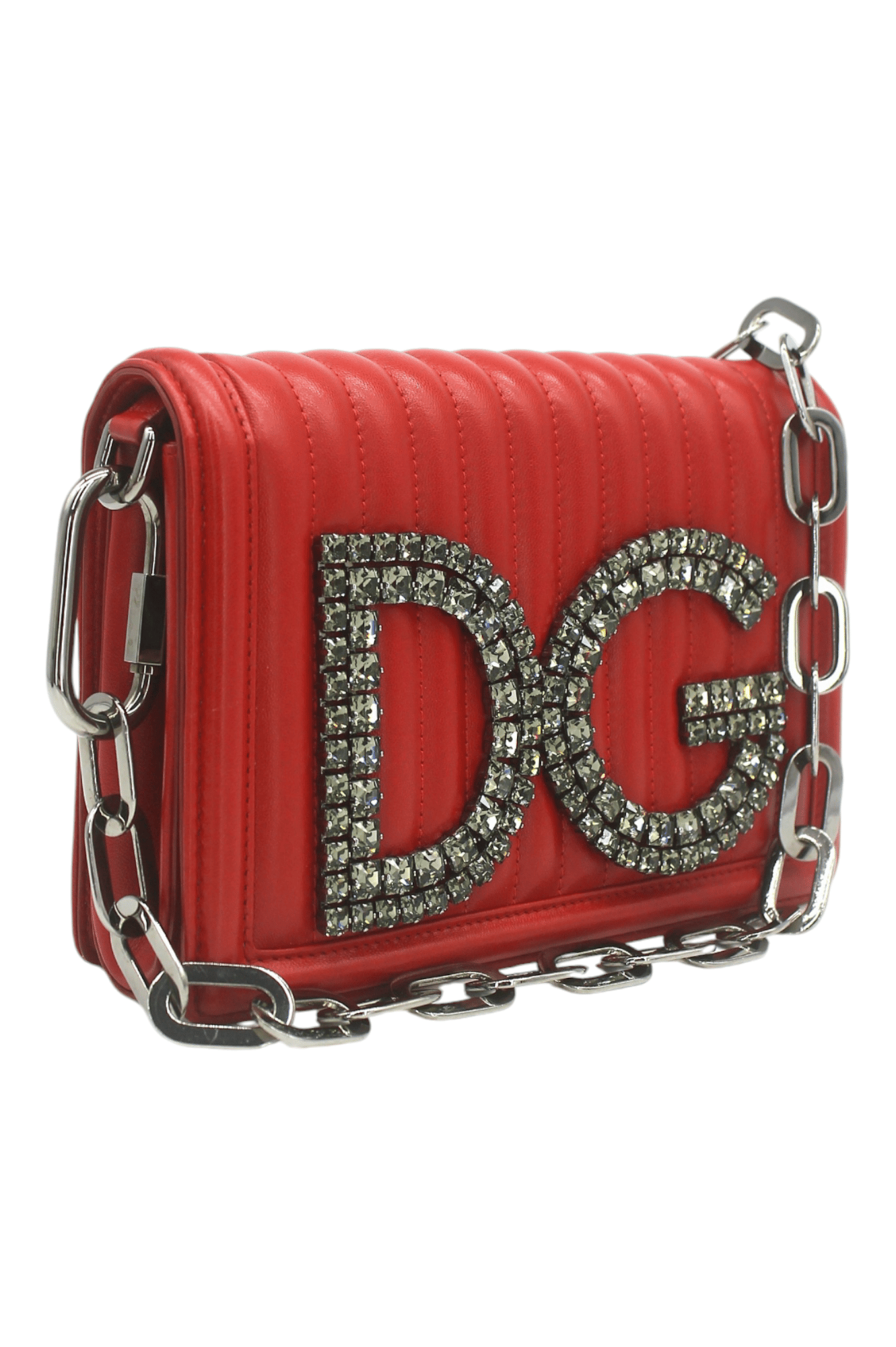 Dolce Gabbana Red Quilted Leather DG Crystal Embellished Shoulder Bag
