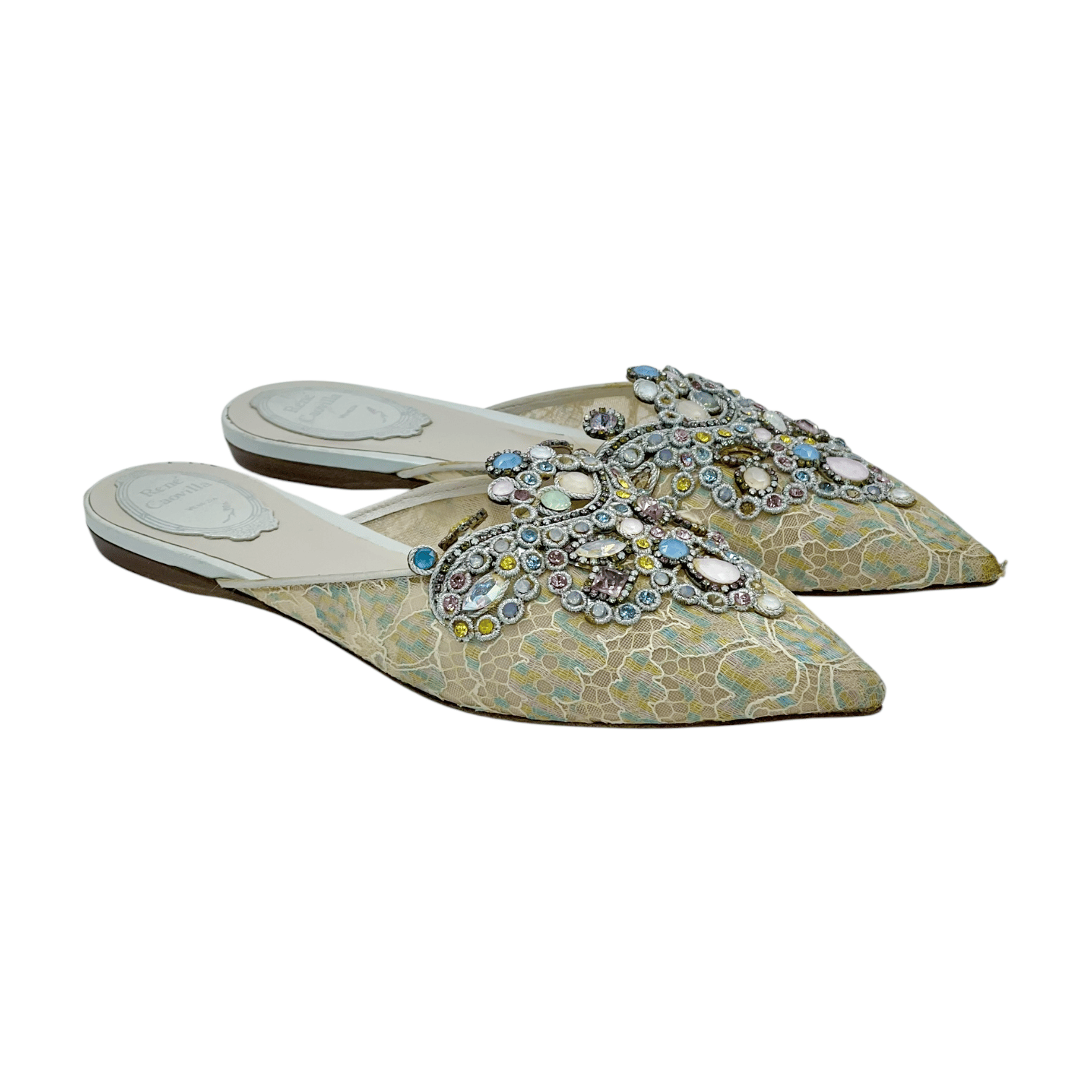 Rene Caovilla Lace Stone Flat Slippers 38.5