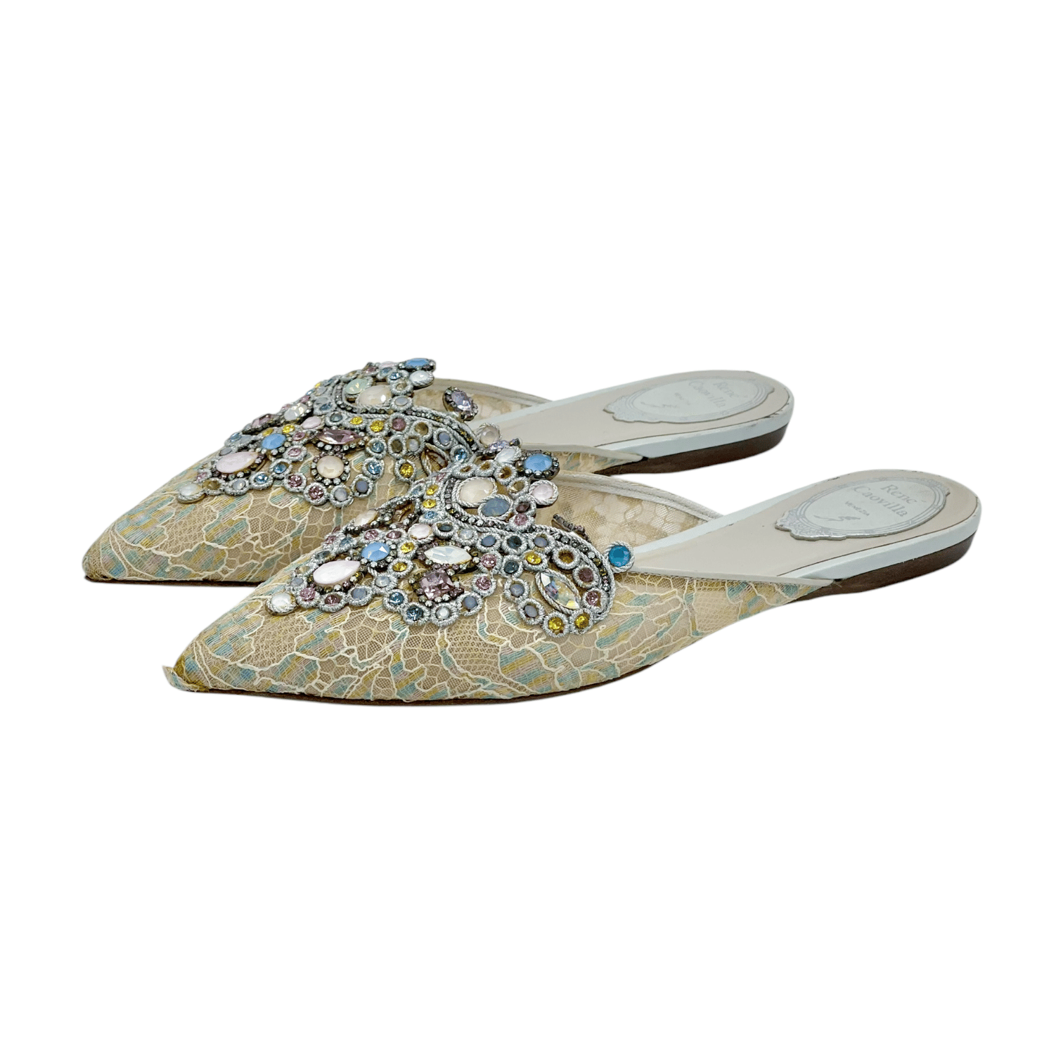 Rene Caovilla Lace Stone Flat Slippers 38.5