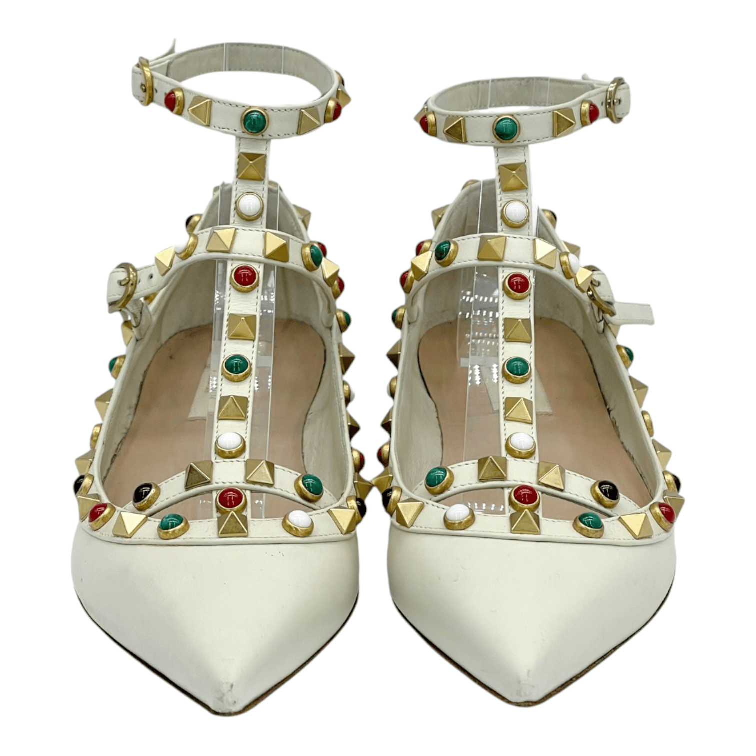 Valentino Garavani Ecru Rockstud Ankle Strap Ballet Flats 35.5