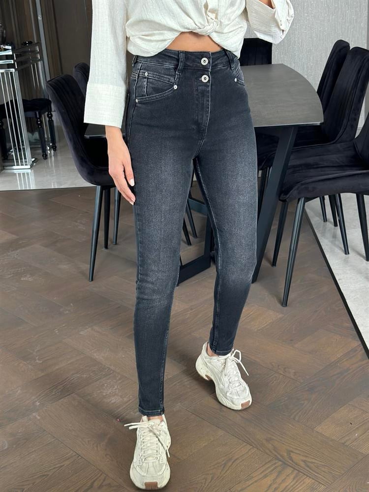 Füme Karol İki Düğmeli Skinny Kadın Jean Pantolon