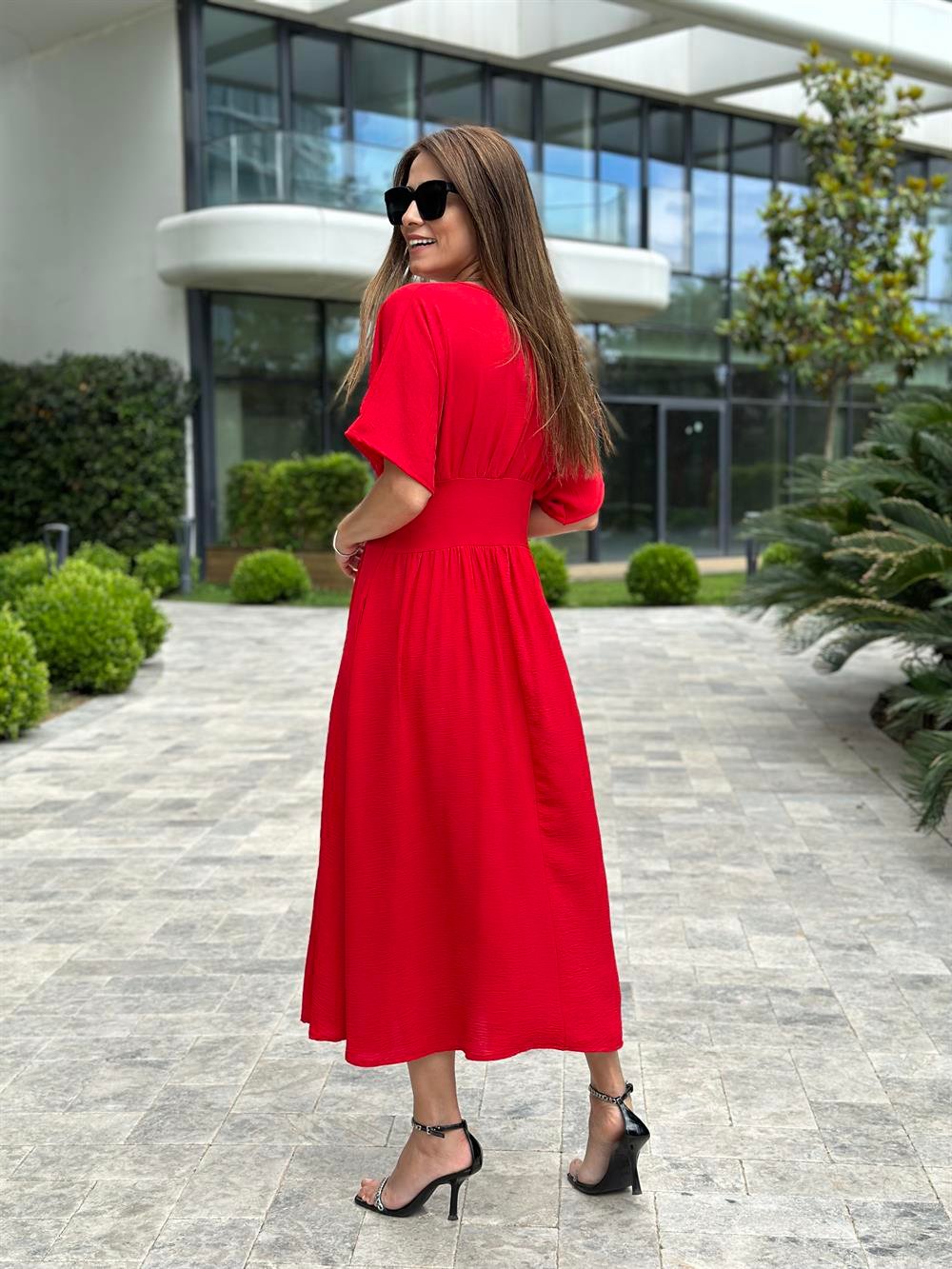Kırmızı Yarasa Kol Kruvaze Yaka Aerobin Kadın Elbise
