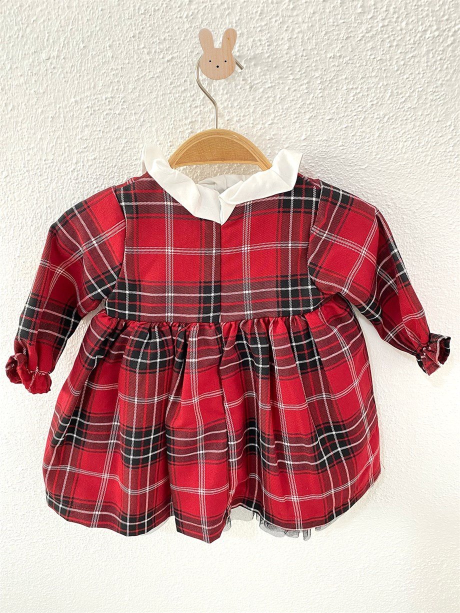 Ekose Kadife Şeritli Yakası Dokuma Saç Bandlı Kız Bebek Elbise - Kırmızı -  Bebilobi