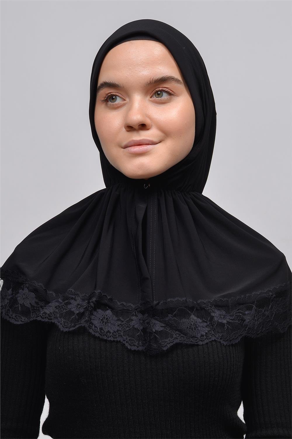 Lace Elastic Shirred With Snap Button Ninja Instant Hijab Practical  Scarf-Black