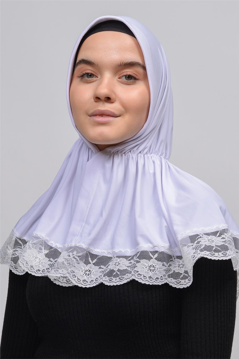 Lace Elastic Shirred With Snap Button Ninja Instant Hijab Practical  Scarf-White