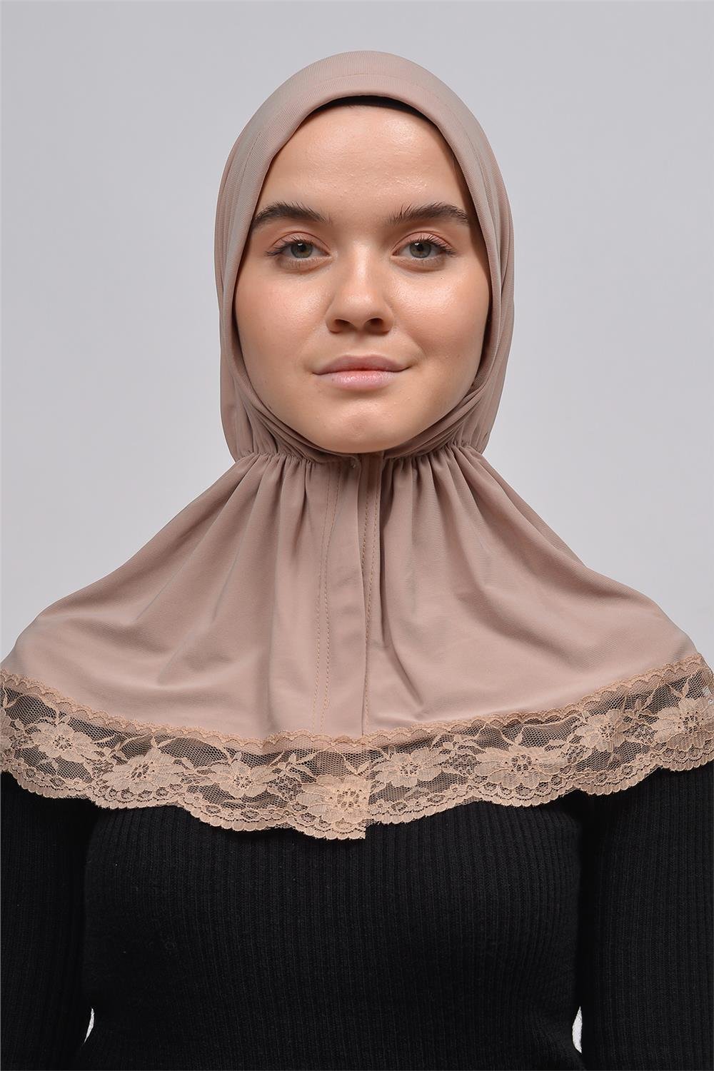 Lace Elastic Shirred With Snap Button Ninja Instant Hijab Practical  Scarf-Dark Latte