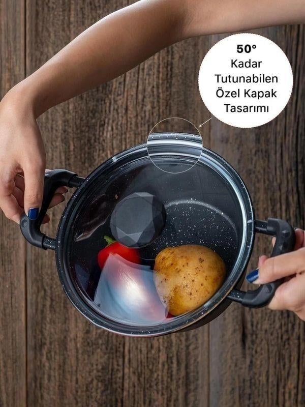 Diamante 3 Lü Cam Kapaklı 16 / 18 / 22cm Döküm Derin Midi Tencere Seti