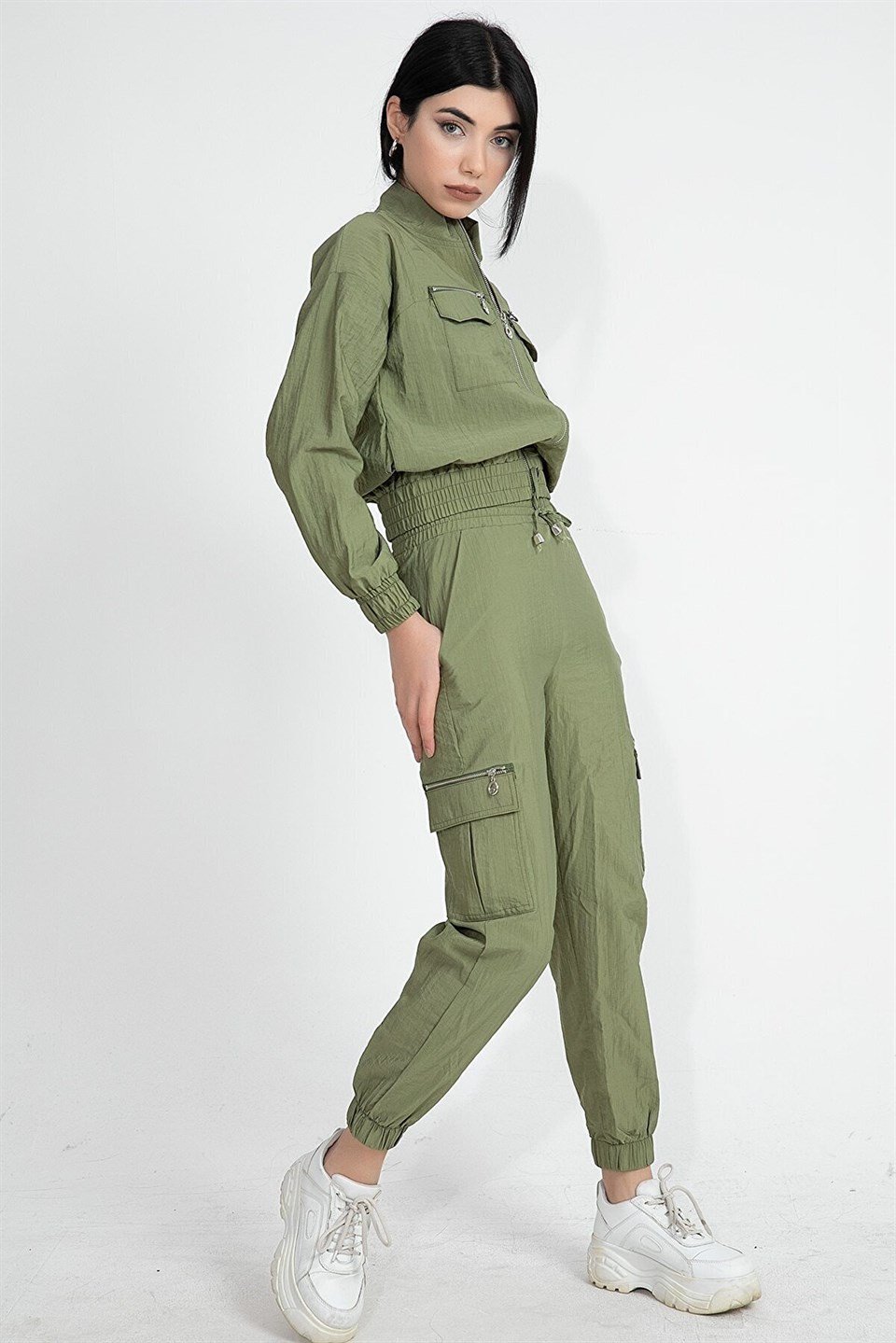 Paraşüt Kumaş Kargo Cep Kadın Eşofman Takımı - Yeşil