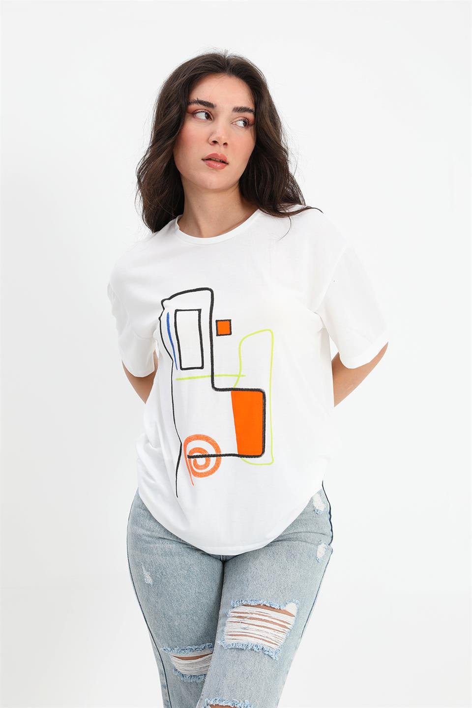 T-shirt Geometrik Desen - Ekru