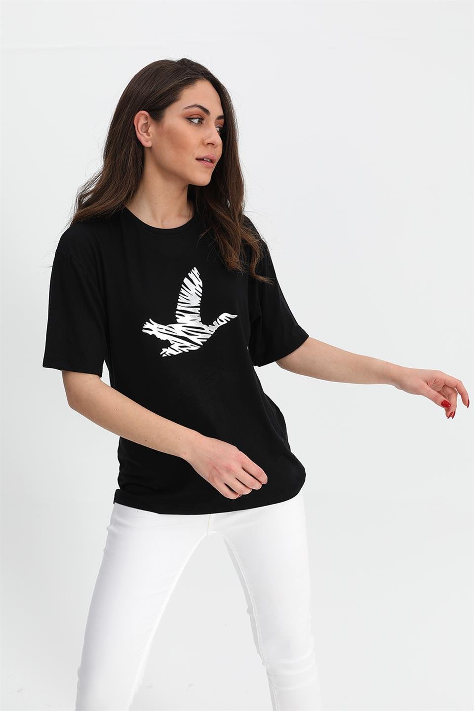 T-shirt Kuş Baskılı Bisiklet Yaka - Siyah