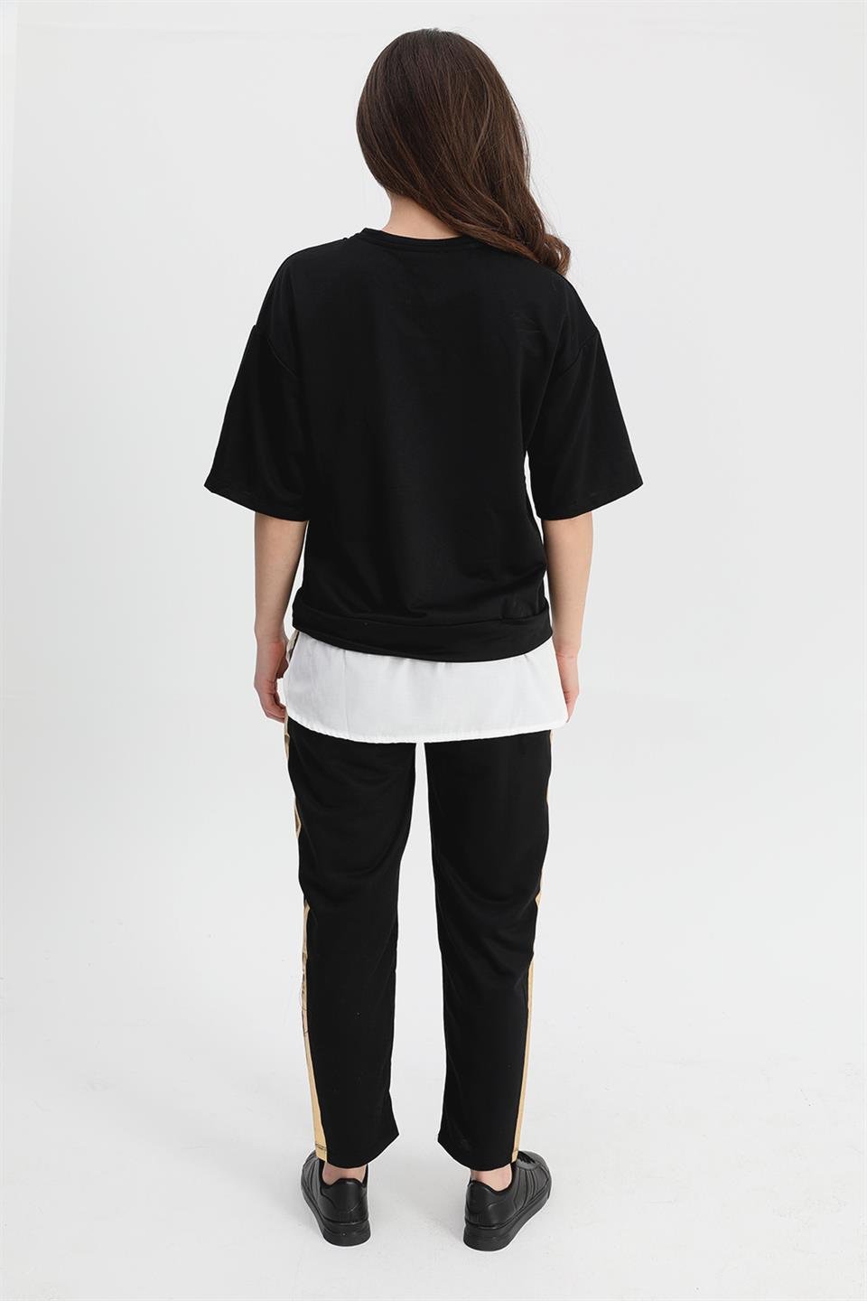 Takım Eteği Çimalı Kuş Baskılı Beli Lastikli T-shirt Pantolon - Siyah
