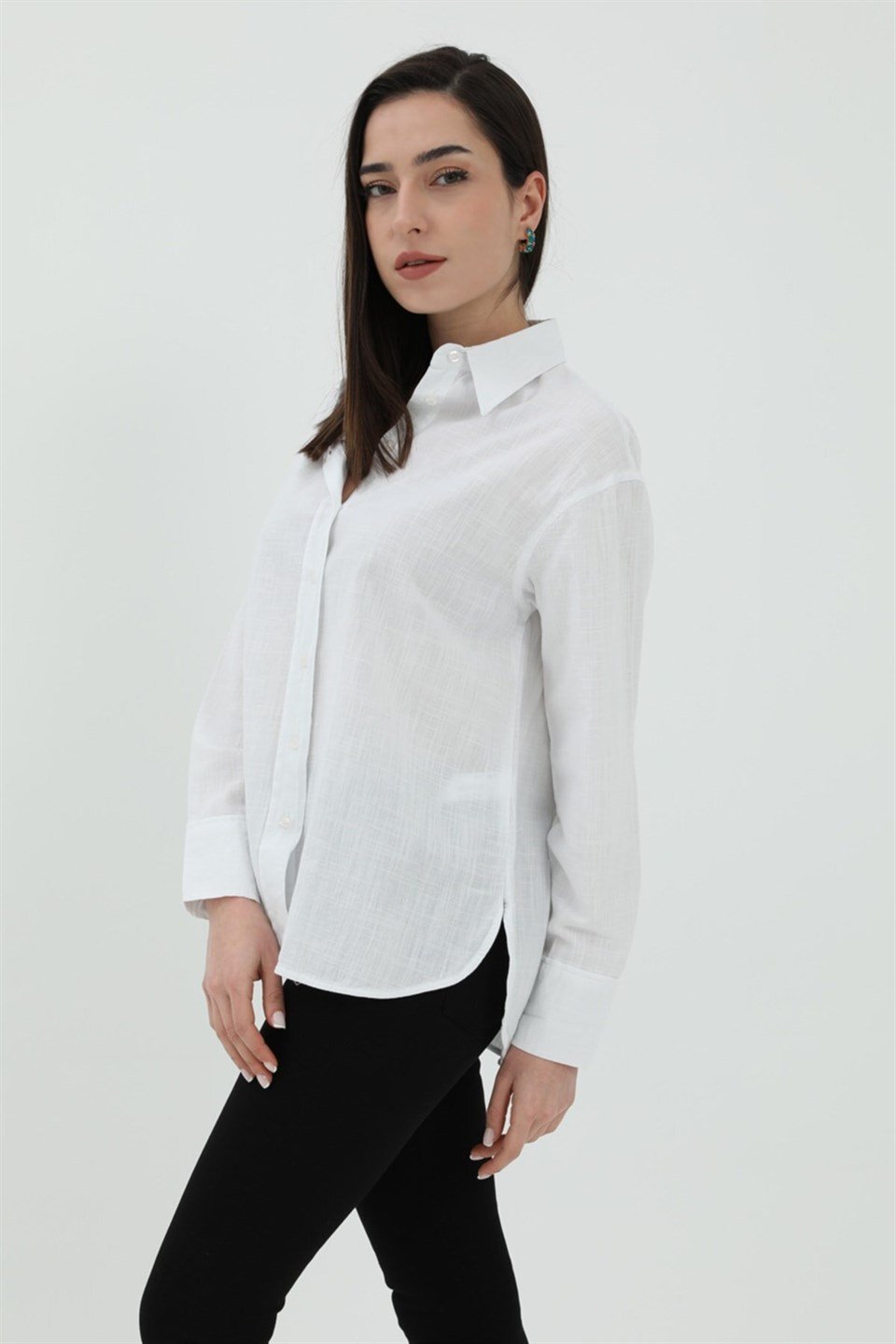 Uzun Kol Oversize Basic Gömlek - Beyaz