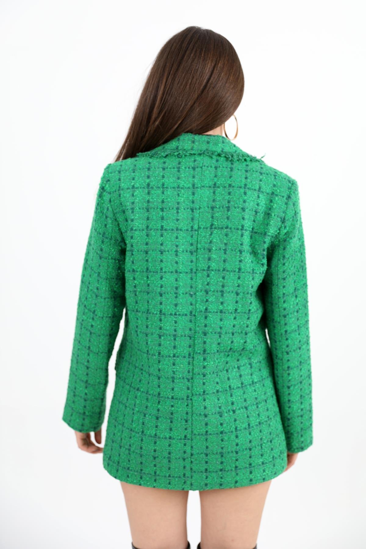 Yakası Püsküllü Düğmeli Tüvit Blazer Ceket - Yeşil
