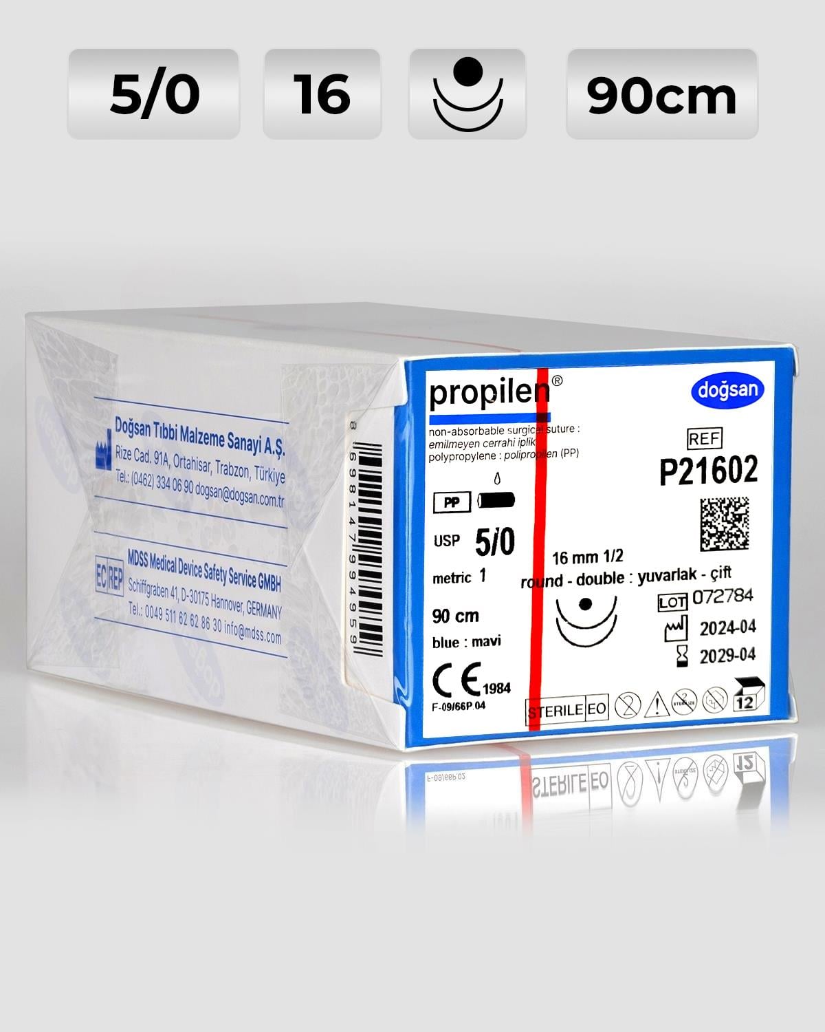 P21602 DOĞSAN Propilen 5/0 16 1/2 Sütür - 12'li Paket