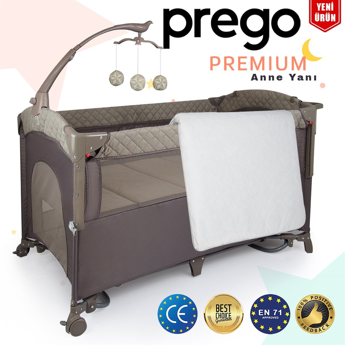 Prego Premium Anne Yanı Dönenceli Oyun Parkı 70*120 Cm Bej + Yatak Hediyeli  - Minimoda