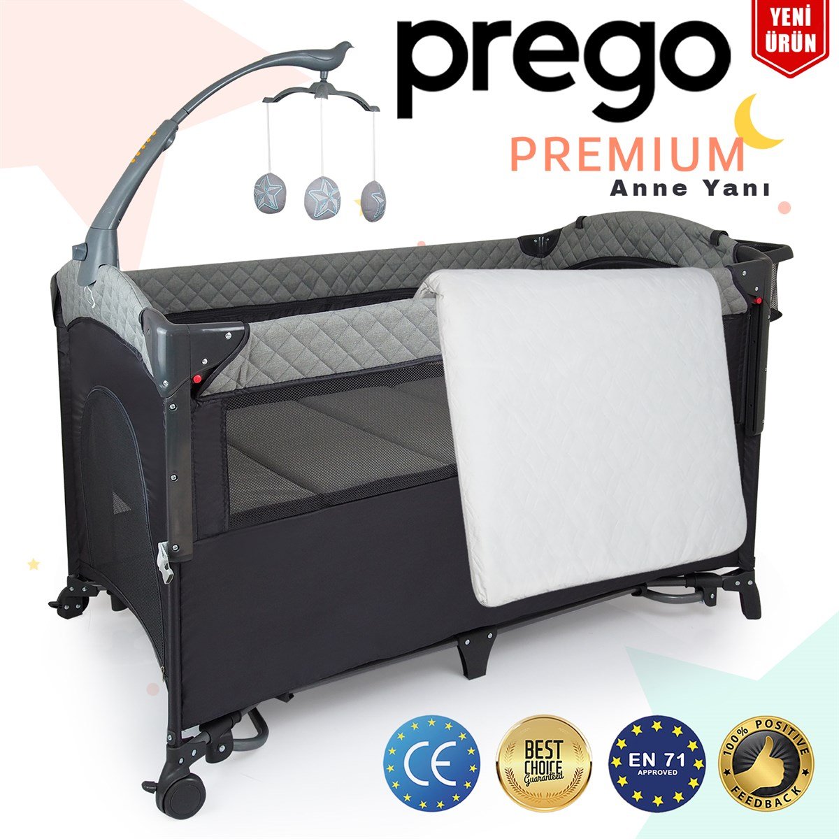 Prego Premium Anne Yanı Dönenceli Oyun Parkı 70*120 Cm Gri + Yatak Hediyeli  - Minimoda