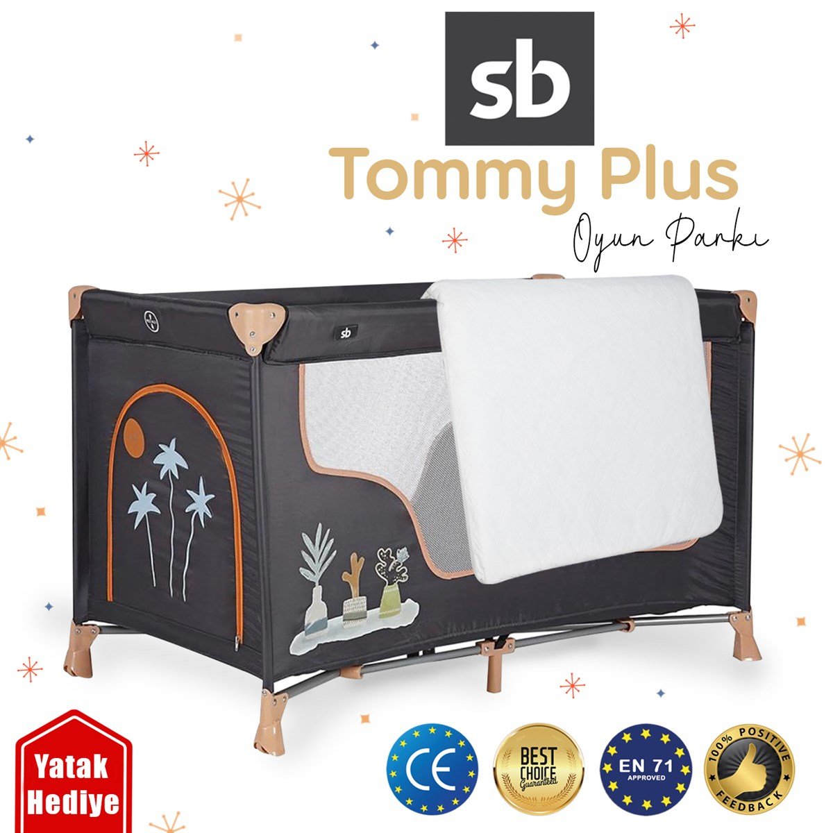 Sunny Baby Tommy Plus Oyun Parkı 60*120 Cm Gri + Yatak Hediyeli - Minimoda
