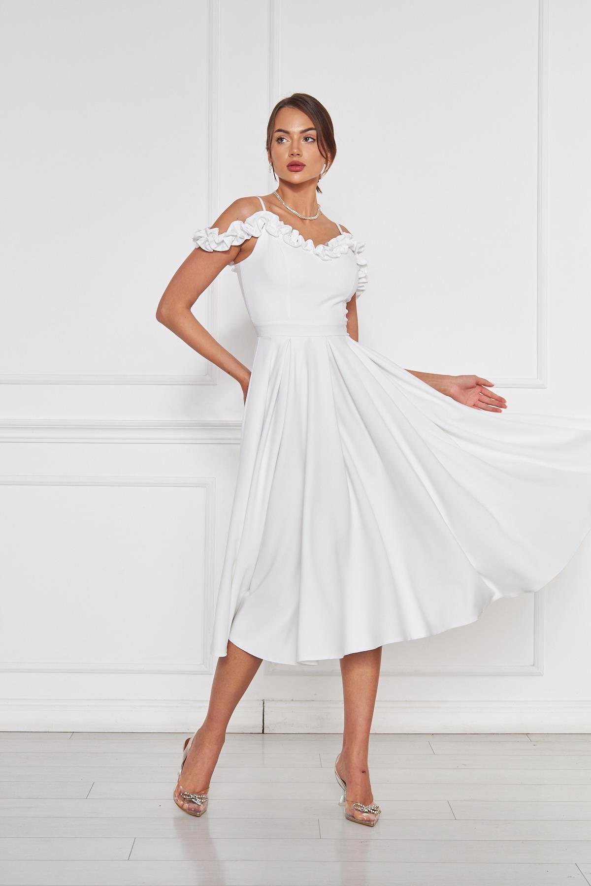 Kadın Ayarlanabilir Askılı Fırfır Detay Dokuma Kumaş Pileli Midi Kloş Abiye  Elbise-Beyaz