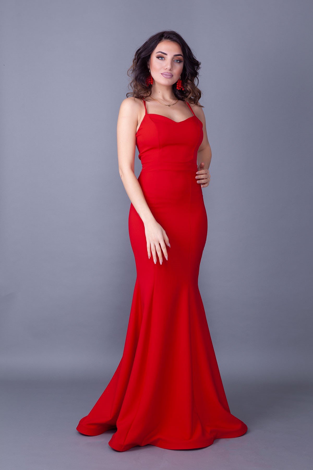 Kırmızı Sırtı İp Bağlama Detaylı Balık Model Abiye Elbise | Bidoluelbise.com