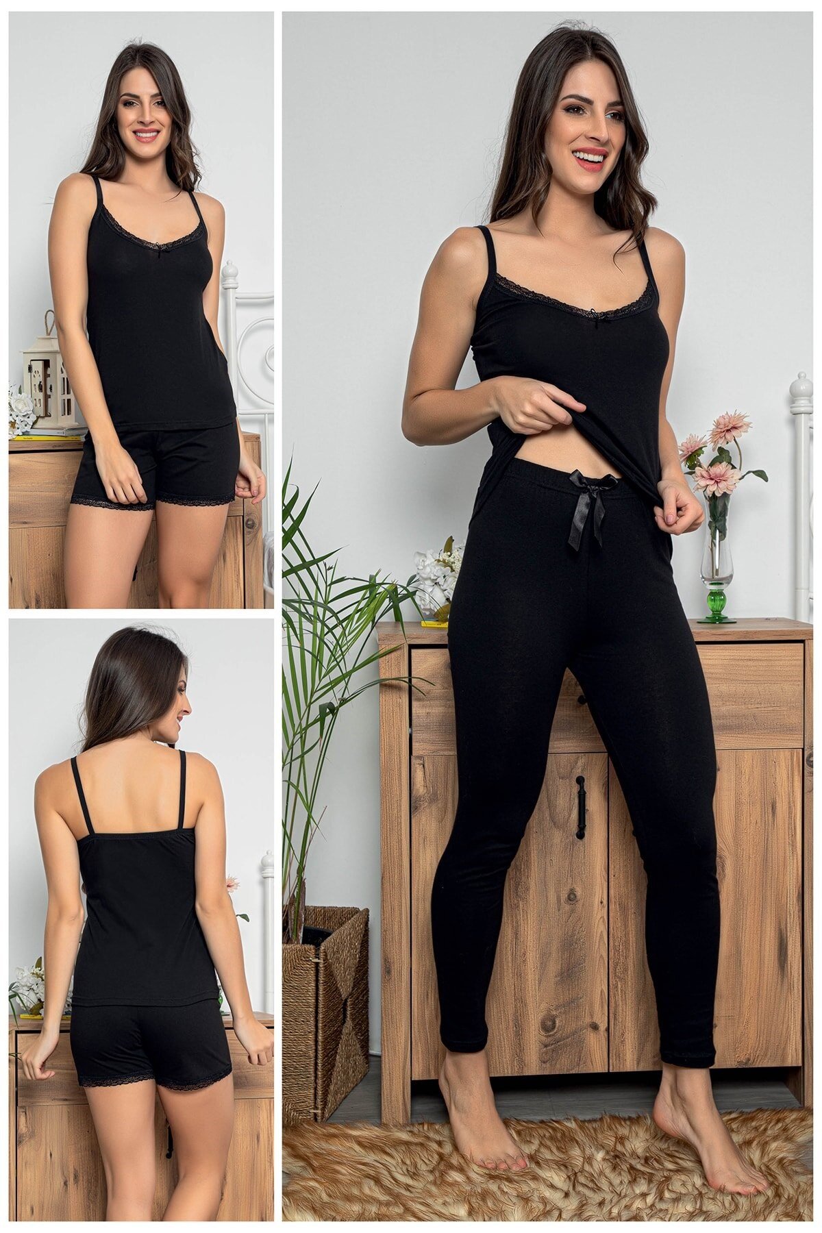 MyBen Kadın Siyah Renkli Dantel Detaylı Şortlu ve Taytlı Pijama Takımı 3'lü  Set 75015