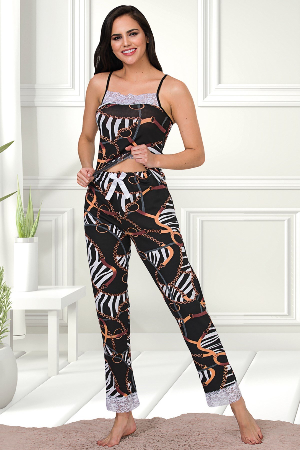 MyBen Kadın Zincir Desenli Pamuklu Likralı Siyah Askılı Dantel Detaylı  Pijama Takımı 28457