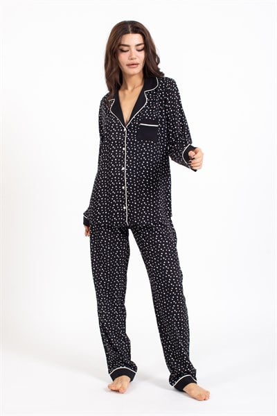 Vs Bayan Desenli Pamuk Saten U.Kol Pijama Takım siyah/puanlı