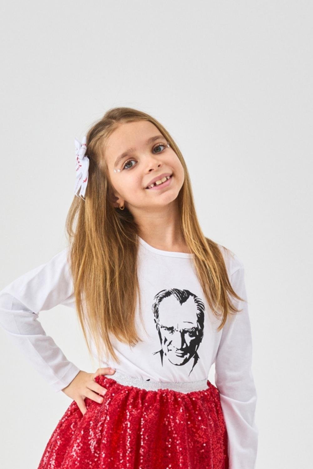 White Ataturk Printed Girls T-Shirt