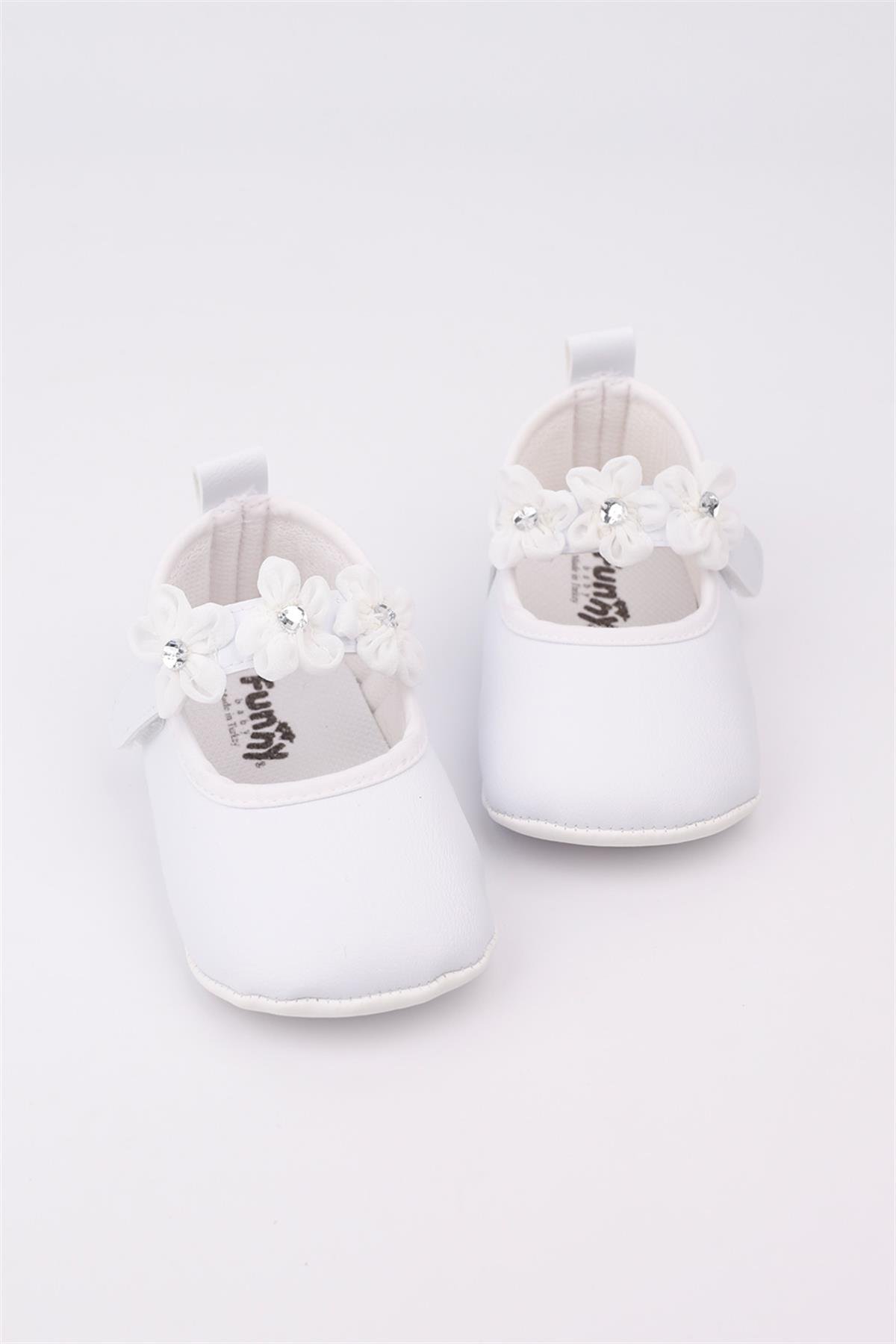 Beyaz Çiçekli Taşlı Kız Bebek AyakkabıLM1203 | Le Mabelle