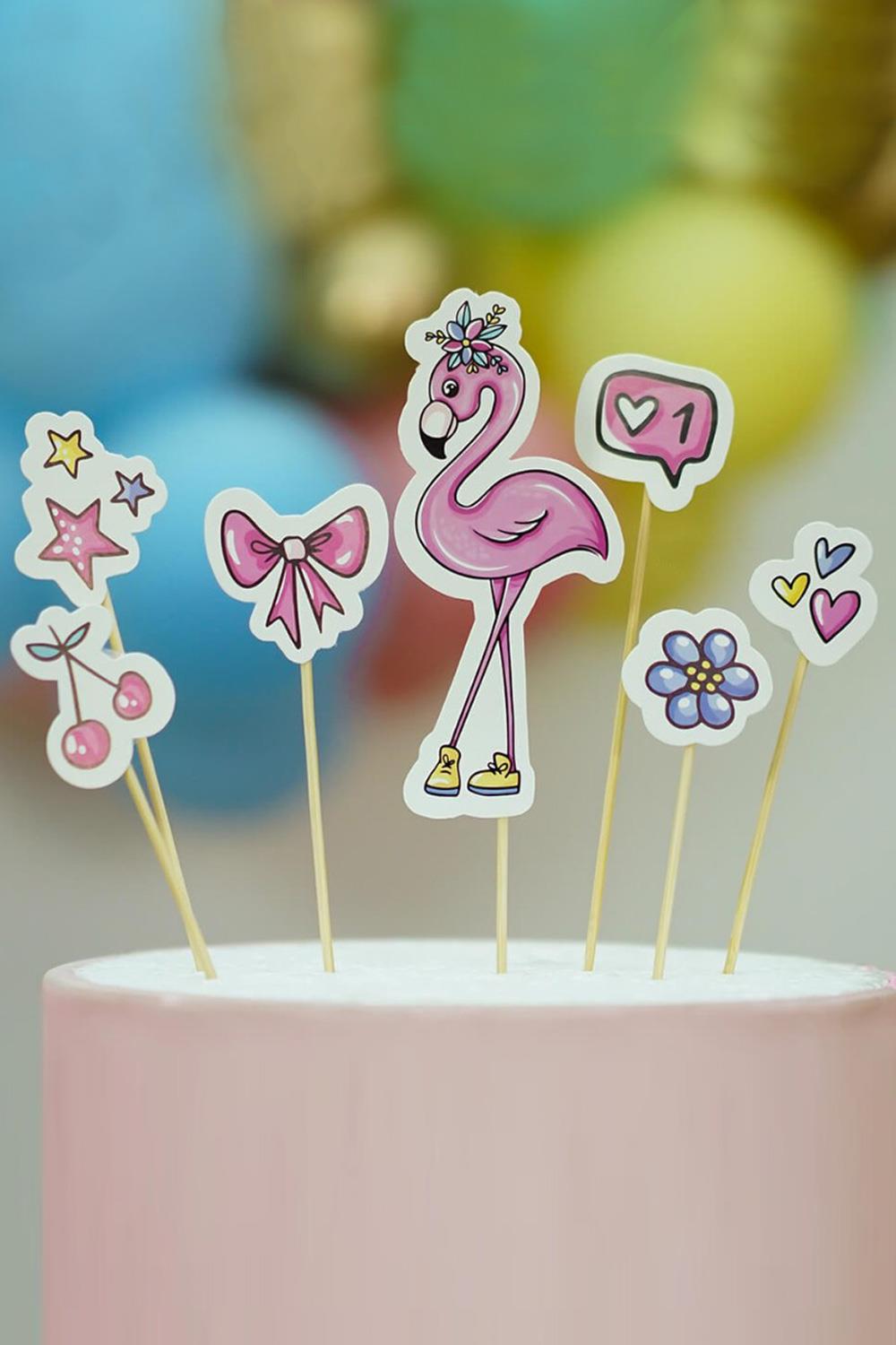 Çok Renkli Flamingo 7li Pasta Süsü