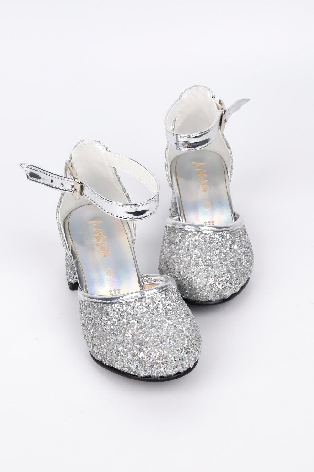 Gümüş Simli Topuklu Kız Çocuk Ayakkabı