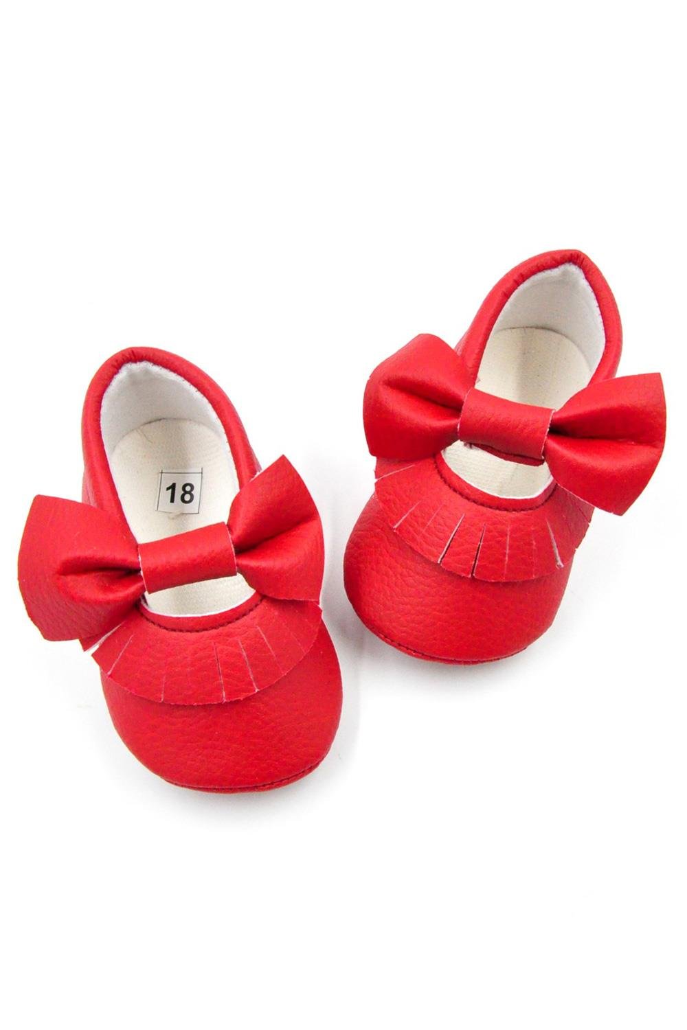 Kırmızı Fiyonk Püsküllü Bebek AyakkabıLM130 | Le Mabelle