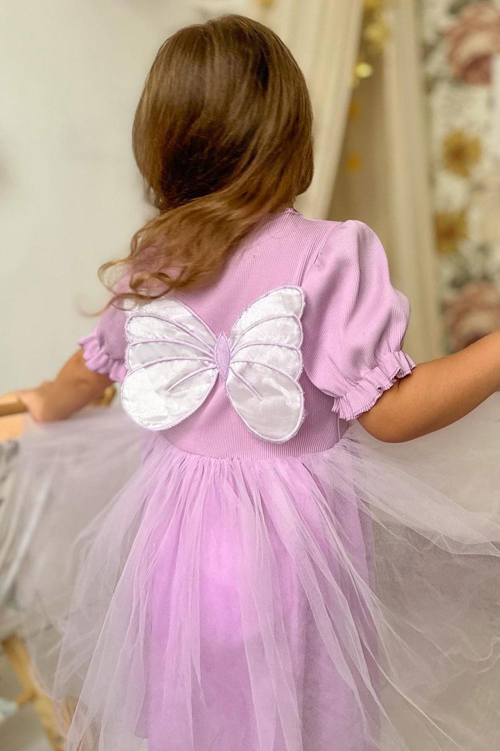 Lila Karpuz Kollu Kelebek Kanatlı Kız Çocuk Elbise - AngelLM1265 | Le  Mabelle